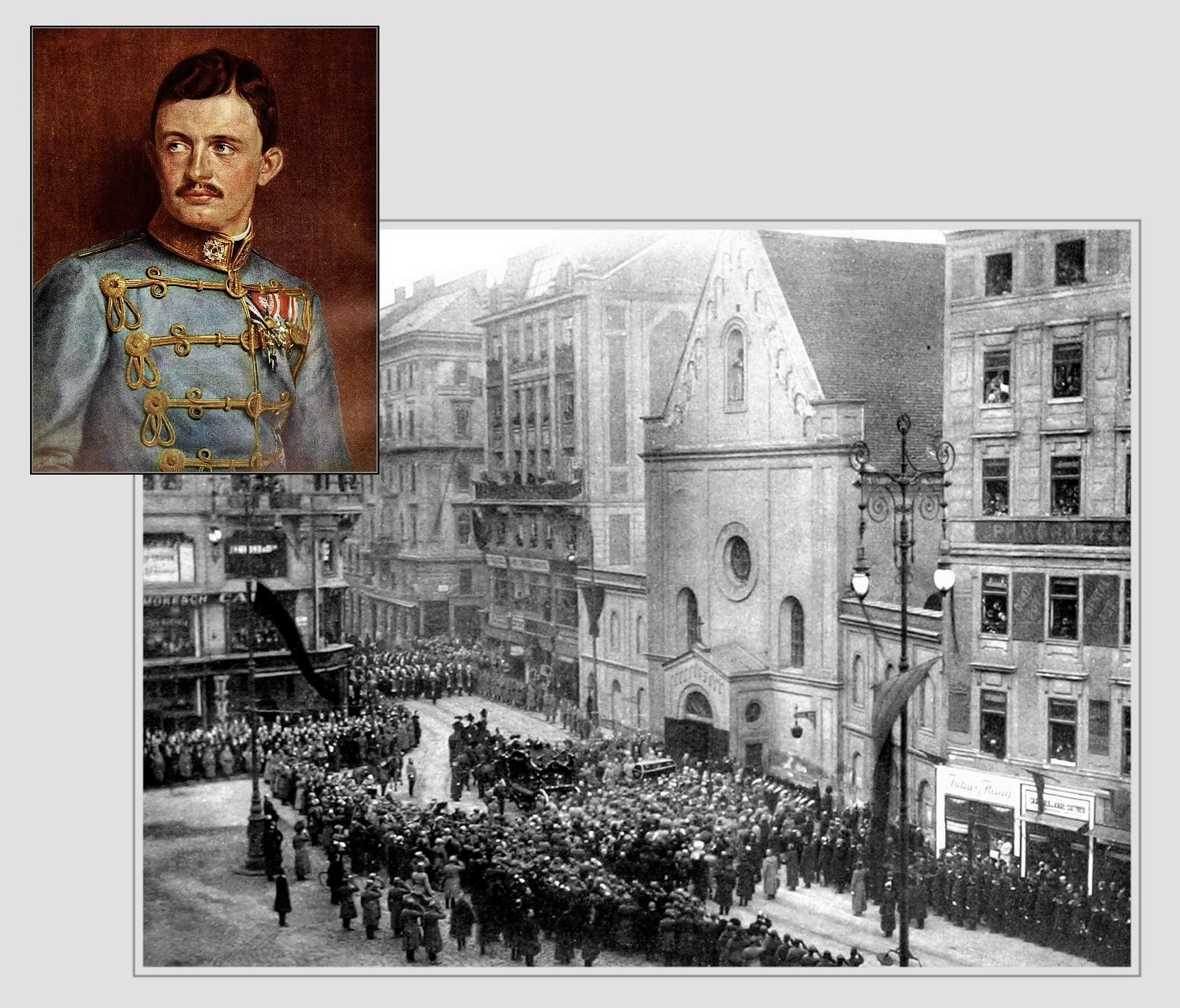 Ansichtskarte: Portrait Kaiser Karl in Uniform und Foto: Begräbnisfeierlichkeiten vor der Kapuzinergruft.