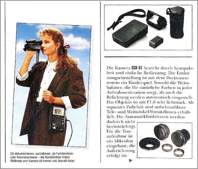 Kopie aus dem Produktkatalog. Sony Sound and vision 1990, Seite 29, zeigt weibliche Filmerin