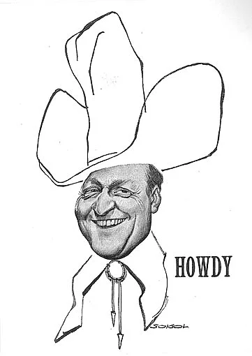 Günther Schifters Gesicht als Comic mit einem stilisierten Cowboyhut und einer Westernkrawatte. Daneben steht das Wort „HOWDY“. Das Bild ist unterzeichnet mit „Sokol“.