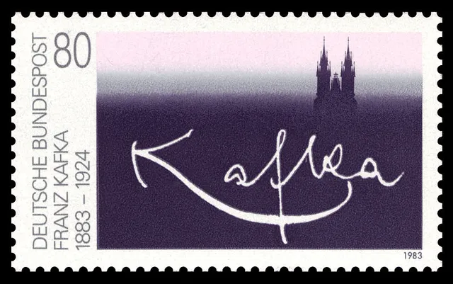 Briefmarke - Deutsche Post - 100. Geburtstag Franz Kafka 1983 - Unterschrift Kafkas unter Silhouette von Prager Teynkirche