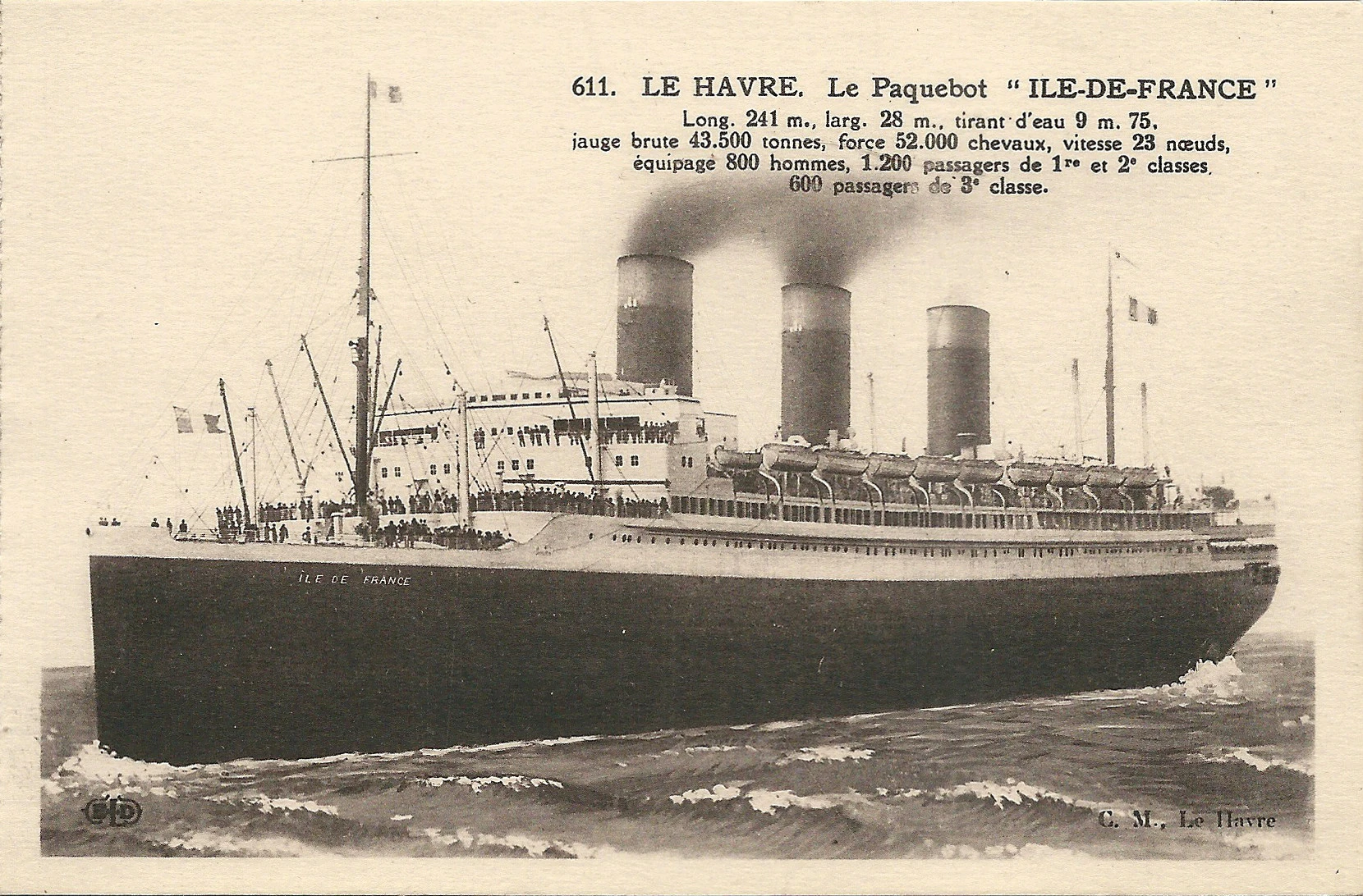 Der Ozeandampfer Île de France auf einer zeitgenössischen Postkarte