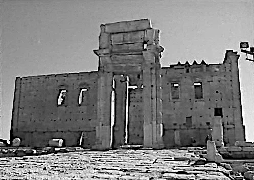 Schwarzweiß-Fotografie des Baal-Tempels in Palmyra, Syrien