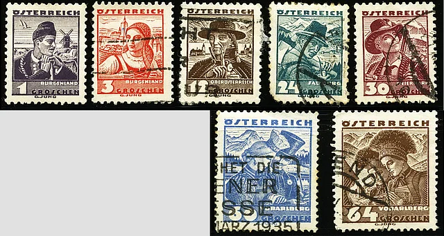 Briefmarken-Serie "Österreichische Volkstrachten", 1934. Sieben bunte Briefmarken von 1 bis 64 Groschen
