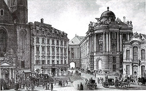 Historische Ansicht über den Michaelaplatz auf das Alte Burgtheater.