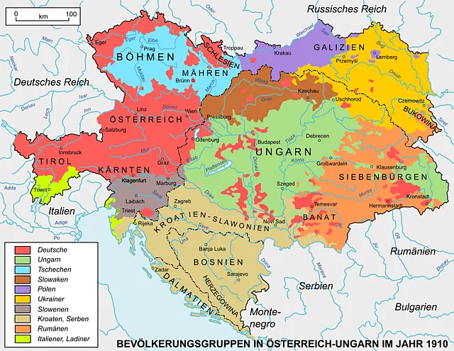 Landkartze zur Bevölkerungsverteilung in Österreich-Ungarn