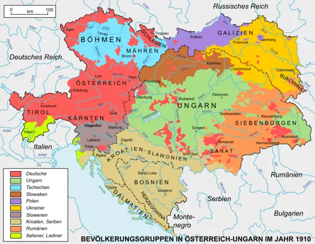 Landkartze zur Bevölkerungsverteilung in Österreich-Ungarn