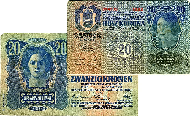 20-Kronen-Schein, 1913. Vorder- und Rückseite der zweisprachigen (deutsch-ungarischen) Banknote mit Frauenköpfen.