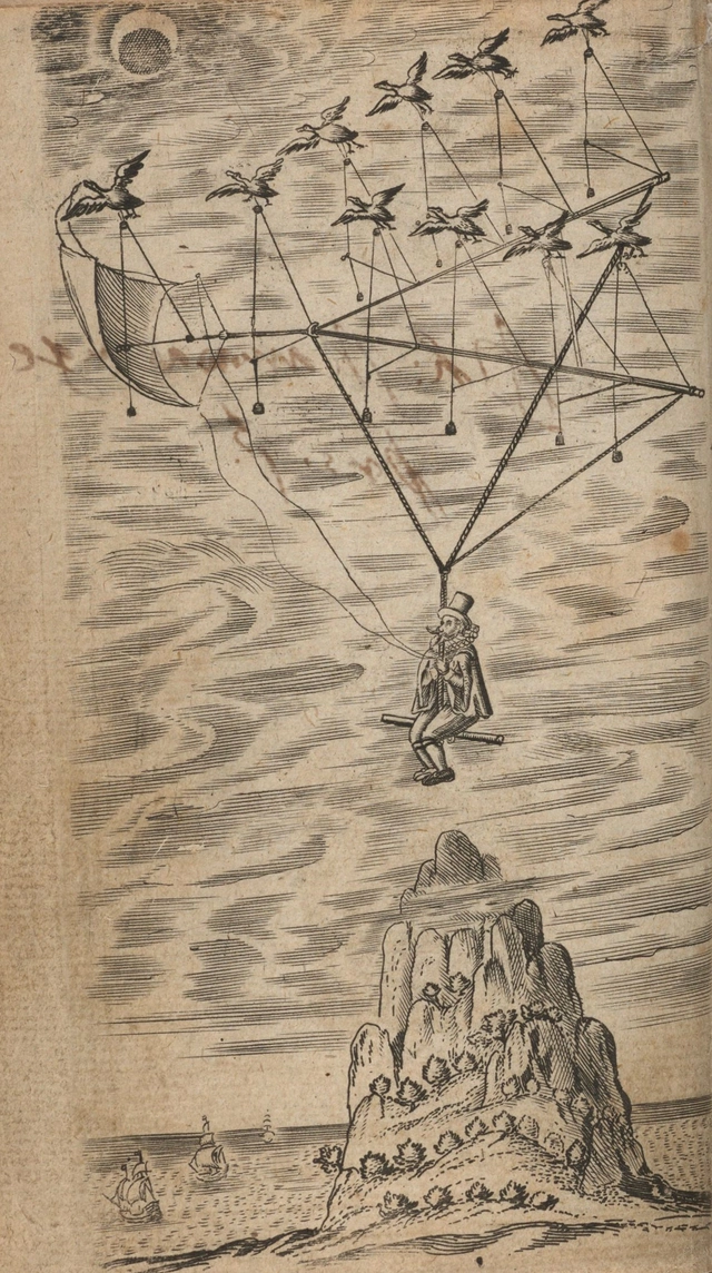 Das Titelbild von Francis Godwins Reise zum Mond aus dem Jahr 1638