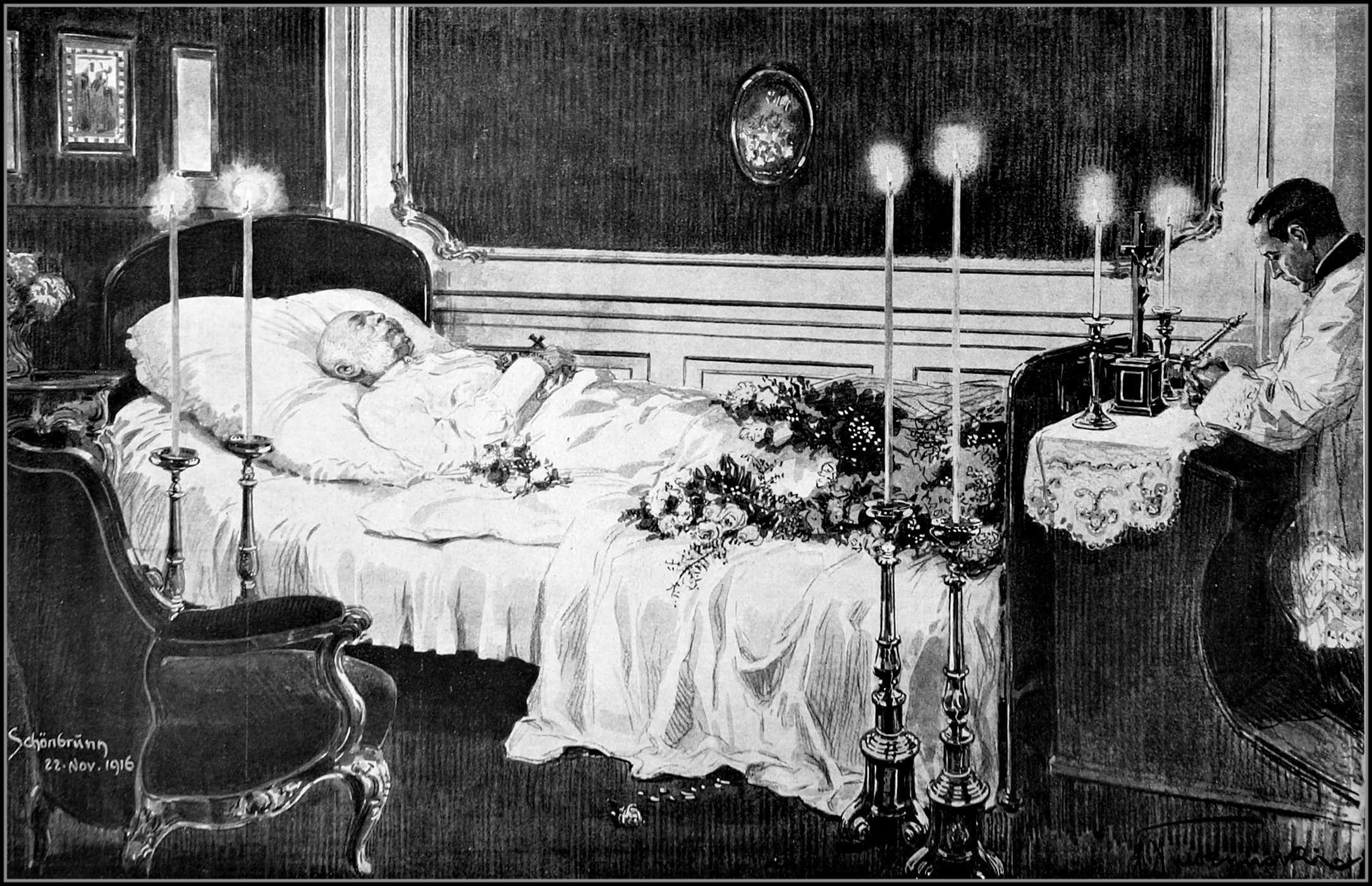 Kaiser Franz Joseph I. auf dem Sterbebett in Schloss Schönbrunn