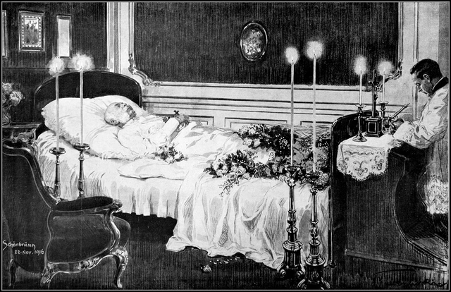 Kaiser Franz Joseph I. auf dem Sterbebett in Schloss Schönbrunn
