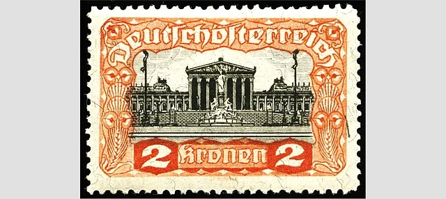 Briefmarke mit Parlamentsabbildung. Oranger Rahmen. 2 Kronen. Aus der Briefmarkenserie "Wiener Parlament", 1919.