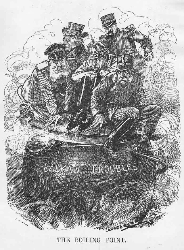 "The Boiling Point" – Der Siedepunkt – ist diese Karrikatur aus dem Punch-Satiremagazin betitelt. Thema war die explosive Lage am Balkan und die Wirkung auf Europa. Sie erschien in der Ausgabe vom 2. Oktober 1912.