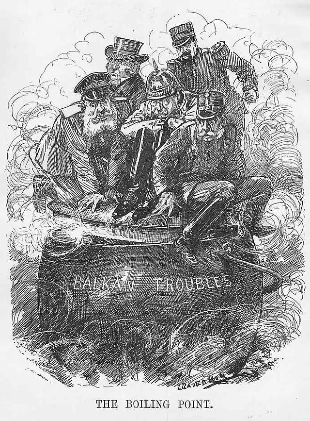 "The Boiling Point" – Der Siedepunkt – ist diese Karrikatur aus dem Punch-Satiremagazin betitelt. Thema war die explosive Lage am Balkan und die Wirkung auf Europa. Sie erschien in der Ausgabe vom 2. Oktober 1912.