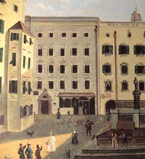 View across Hagenauer Platz to Mozart's birthplace. Painting ca. 1770.