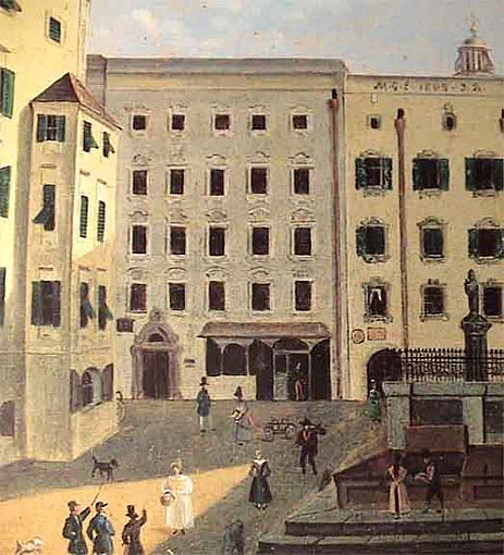 View across Hagenauer Platz to Mozart's birthplace. Painting ca. 1770.