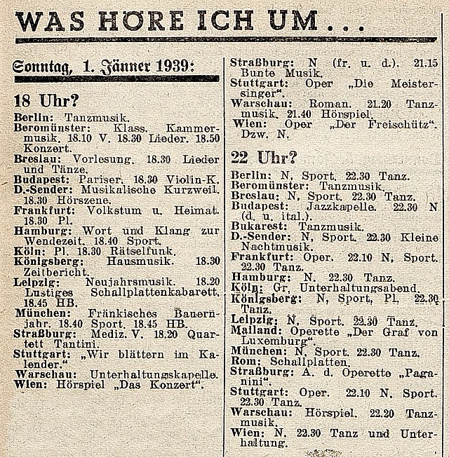 Radioprogramm, 1. Jänner 1939