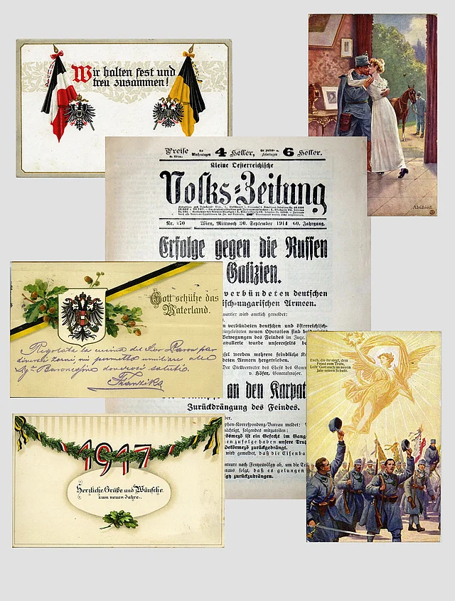 Fünf verschiedene Kriegsansichtskarten mit Soldaten, Flaggen, Verabschiedungsscene und der Jahreszahl 1917 sowie eine Zeitung mit der Schlagzeile: "GRoße Erfolge gegen die Russen in Galizien".
