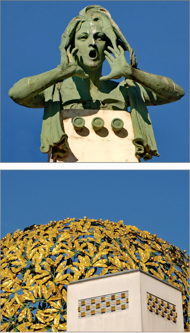 Oben: Otto Wagner, Haus an der Wienzeile Wien, Detail, rufende Frau. Unten: Josph M. Olbrich Secession.