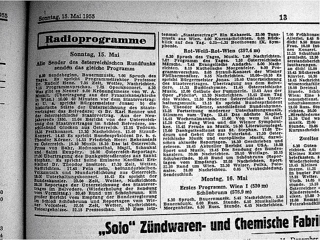Radioprogramm des ganzen Tages. Überschrift: " Sonntag 15. Mai. Alle Sender des österreichischen Rundfunks senden das gleiche Programm. 6.00 Sendebeginn, Bauernmusik. 7.00 Spruch des Tages..."