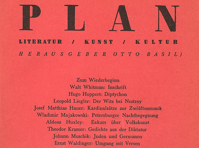 Schwarze Schrift (Titel und Beiträge) auf rotem Grund