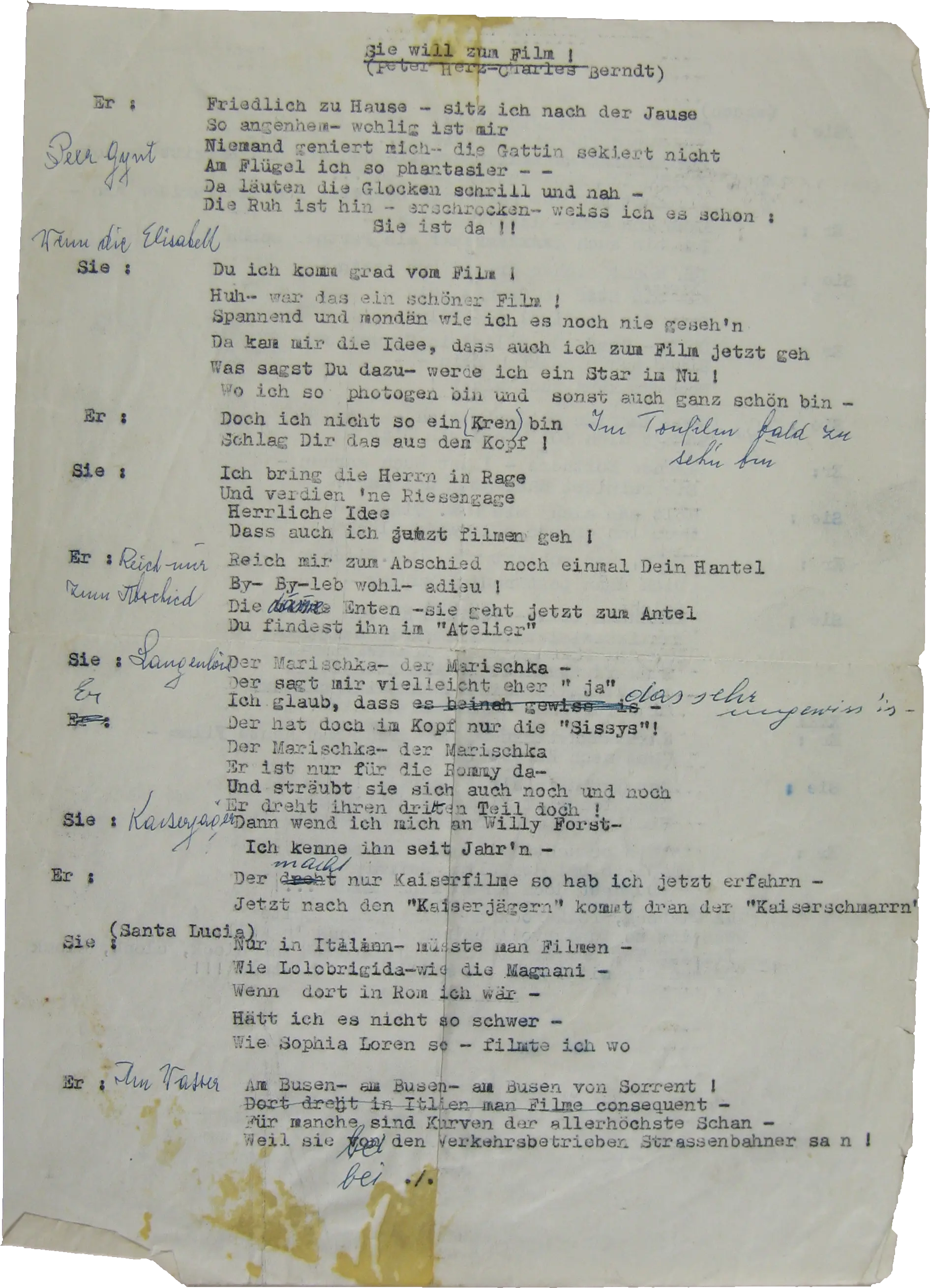 Typoskriptseite mit Anmerkungen aus dem Nachlass von Hermann Leopoldi: "Sie will zum Film" (Text: Peter Herz)