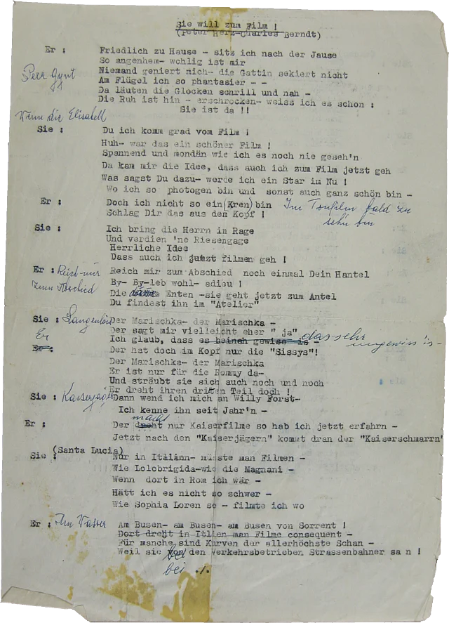 Typoskriptseite mit Anmerkungen aus dem Nachlass von Hermann Leopoldi: "Sie will zum Film" (Text: Peter Herz)