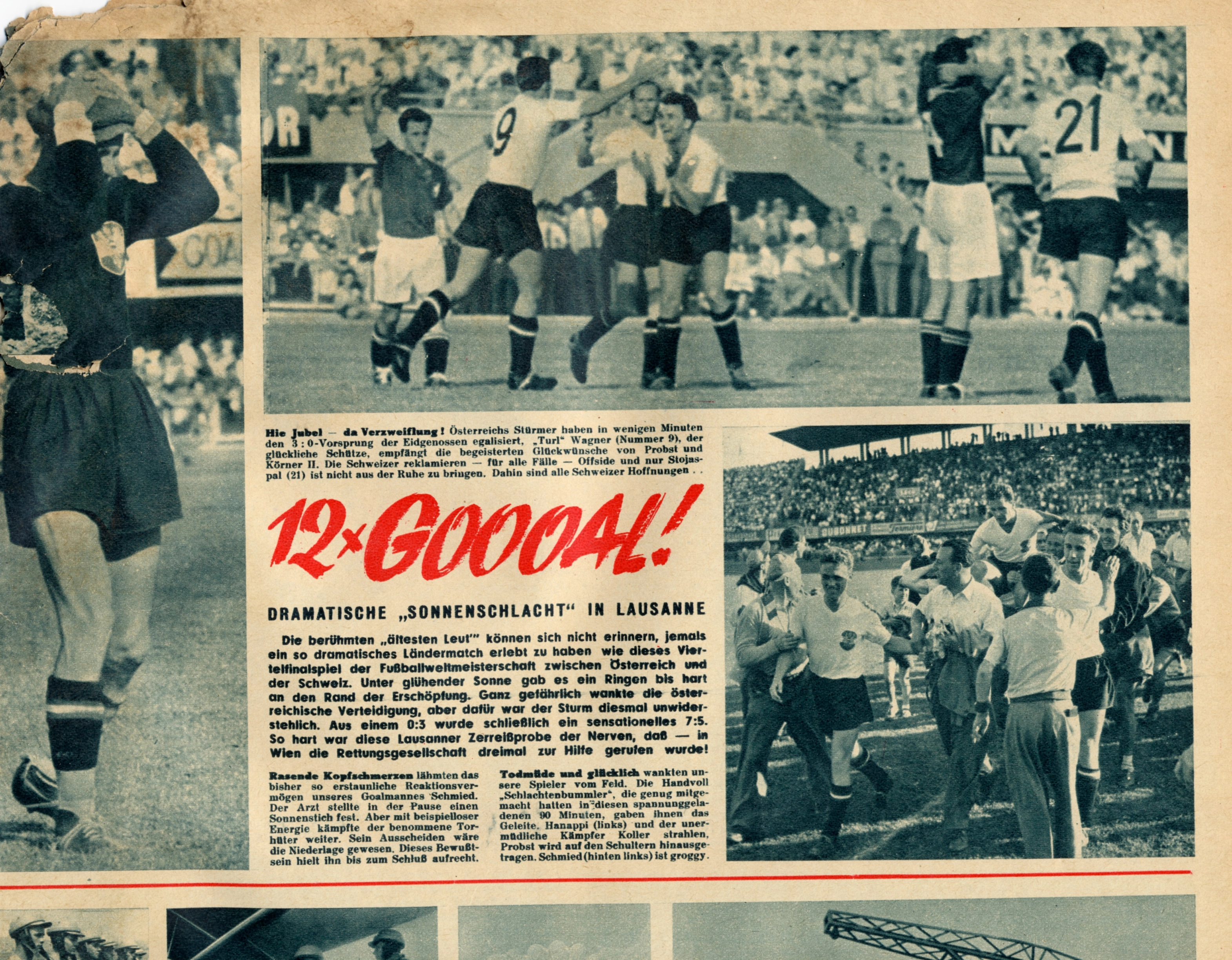 Schlagzeile mit einigen Zeilen Bericht zu den Sportfotos vom 30. Juni 1954 "12 mal Goooal!. Dramaatische "Sonnenschlacht in Lausanne."