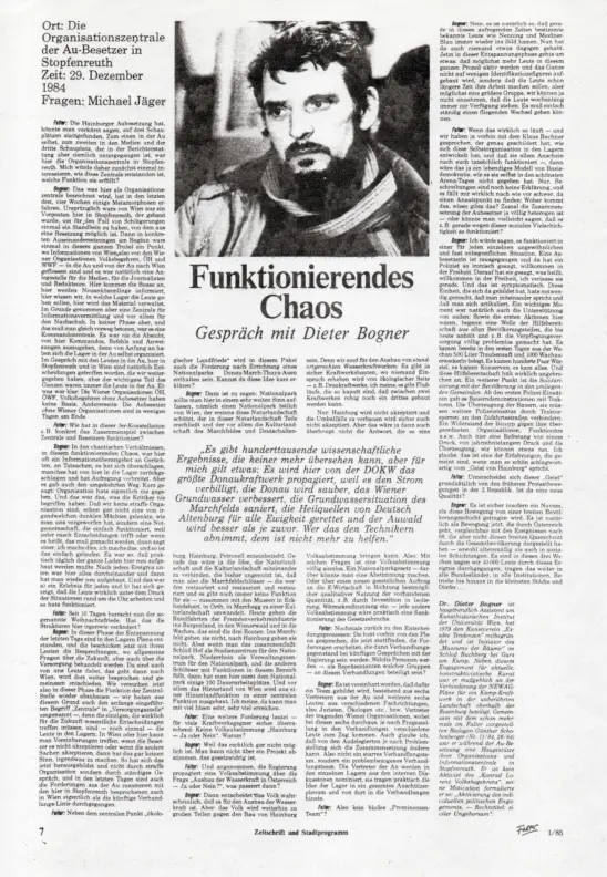 Zeitungsinterview mit Dieter Bogner über die Au-Besetzung, Falter 1/85 