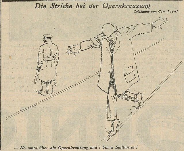 Karikatur eines Fußgängers auf der Weißen Linien der Opernkreuzung