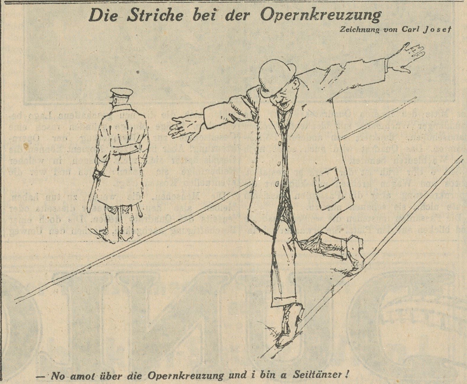 Karikatur eines Fußgängers auf der Weißen Linien der Opernkreuzung