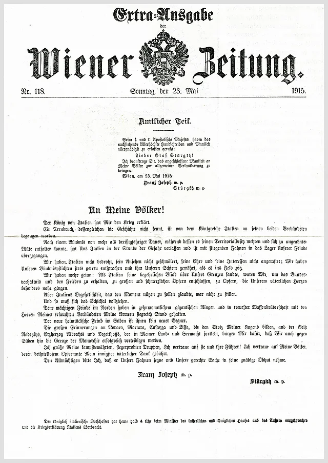 An meine Völker! 23. Mai 1915, Extraausgabe der Wiener Zeitung zur Kriegserklärung von Italien,