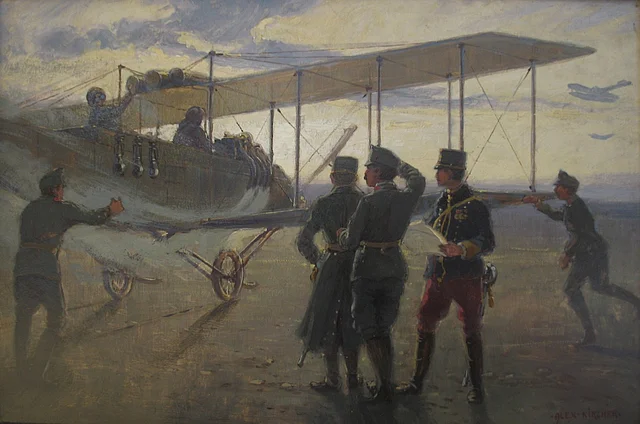 "Vor dem Abflug" - Start eines k. u. k. Aeroplanes - eines Doppeldeckers