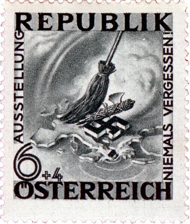 Briefmarke: Ein Besen kehrt ein Hakenkreuz und ein Rutenbündel aus Europa weg.