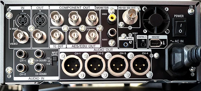 Abgebildet ist die Rückseite eines DV-Wieder­gabe­gerätes. Sie zeigt eine Viel­falt von unter­schied­lichen Signal­aus­gängen: CVBS, YC, Component, SDI, Firewire, Audio analog, Audio digital. Für den Zweck der Archi­vierung ist in diesem Fall nur die Firewire-Schnitt­stelle – hier be­zeichnet mit „HDV/DV“ – ge­eignet.