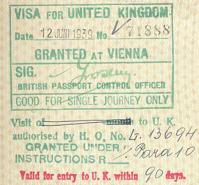 Reisepassseite mit Stempel: VISA for United Kingdom. Date 12. Juni 1939. Granted at Vienna...