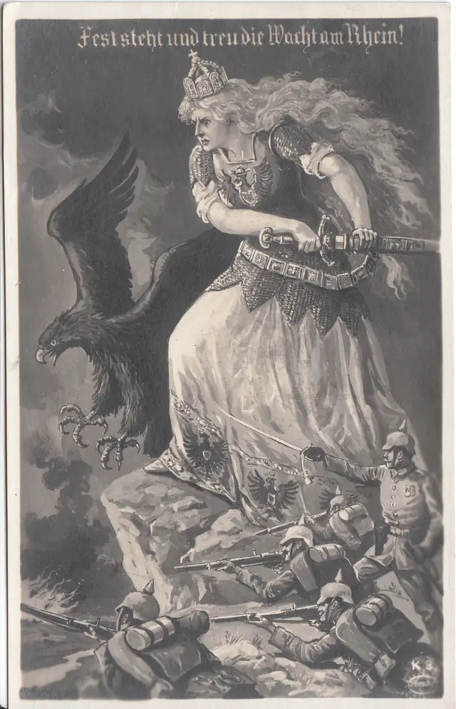 Deutsche Propagandapostkarte - "Germania" zieht blank - Die Wacht am Rhein