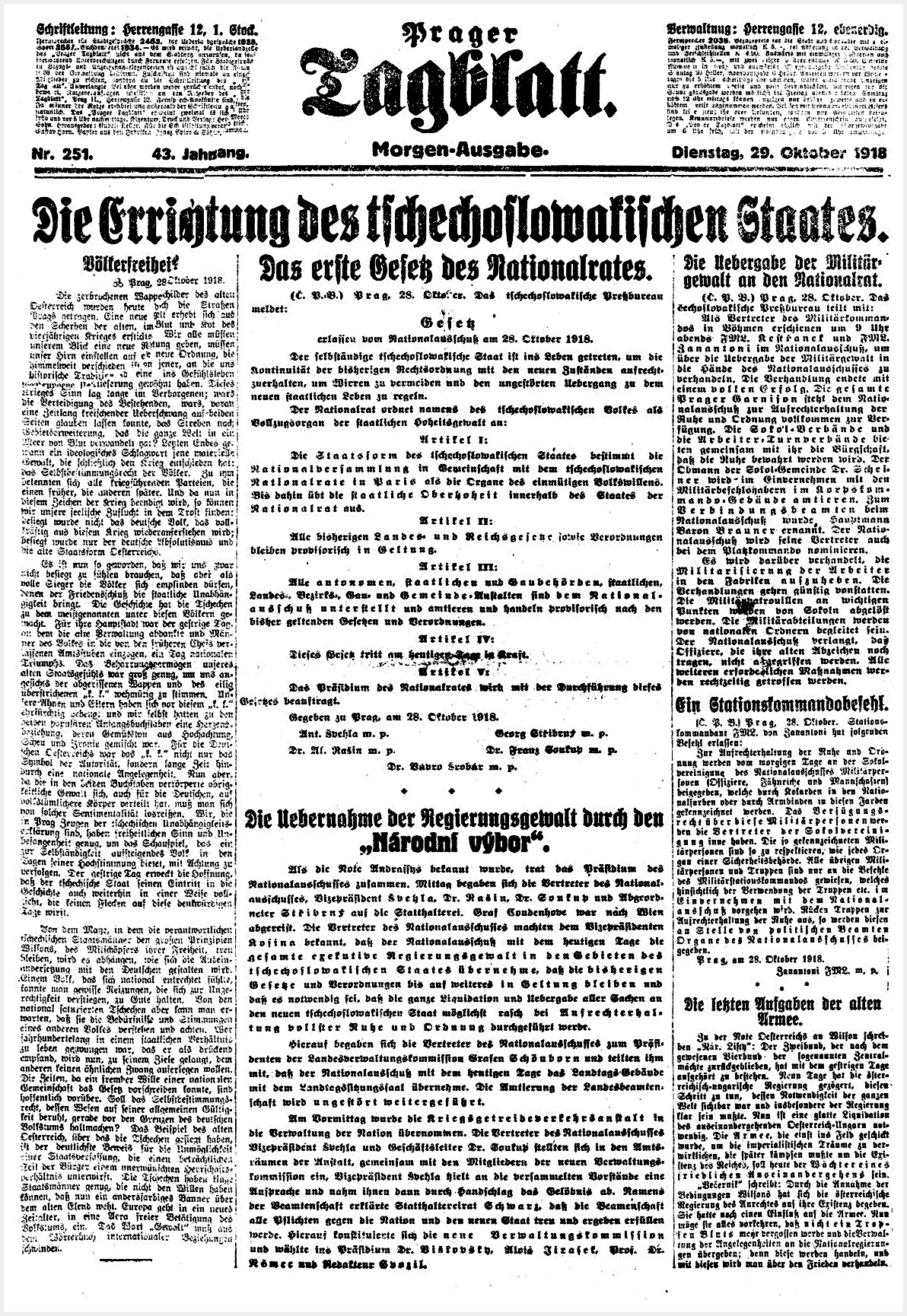 Prager Tagblatt, 29.říjen 1918