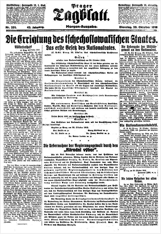 <p>Prager Tagblatt, 29. Oktober 1918</p>