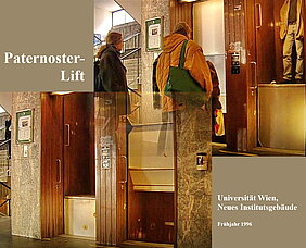 Kombination aus zwei Videostills zeigt den historischen Paternoster-Lift im NIG