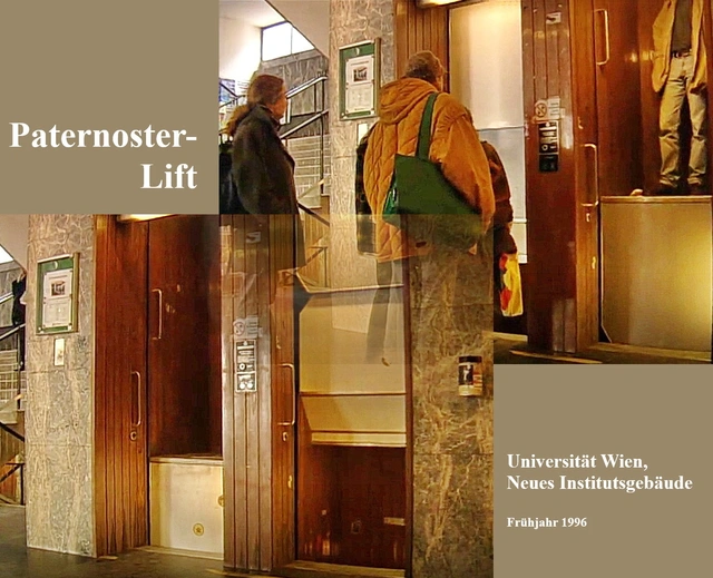 Kombination aus zwei Videostills zeigt den historischen Paternoster-Lift im NIG