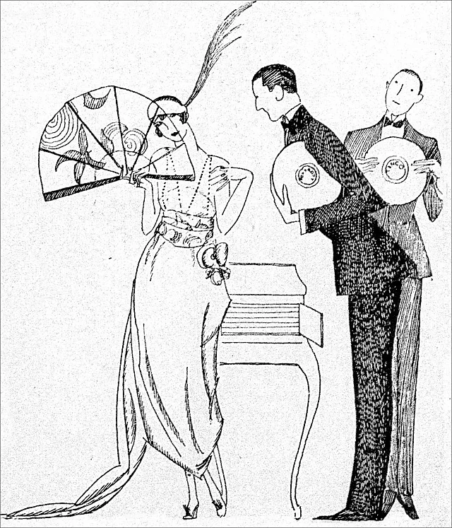 Die Grammophonplatte ersetzt die Tanzkarte. Illustration in der Zeitschrift „Sport im Bild“, Nr. 4, 1921