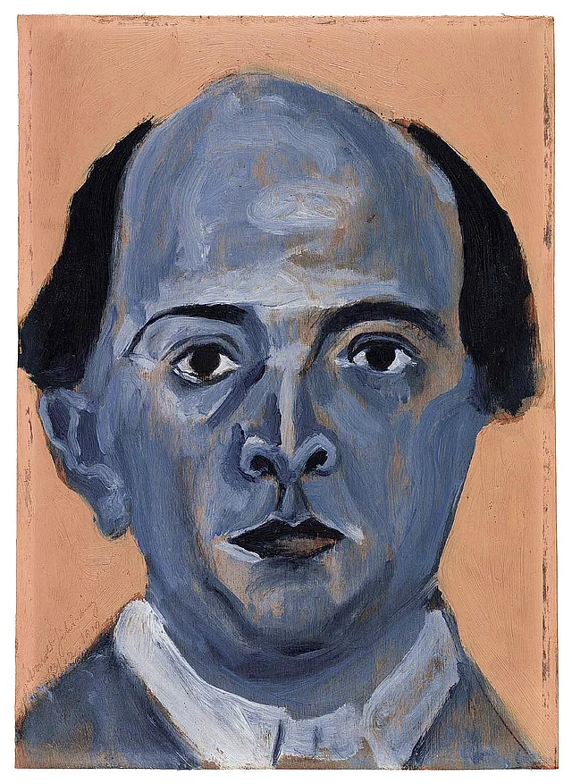 Das expressionistische Selbstportrait zeigt ein blaues Gesicht vor orangenem Hintergrund.
