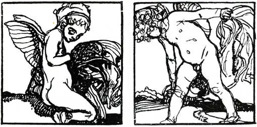   Vignette von Rudolf Jettmar - 2 Putti. In: Ludwig Hevesi. Österreichische Kunst im 19. Jahrhundert, Leipzig 1903, S. 306.