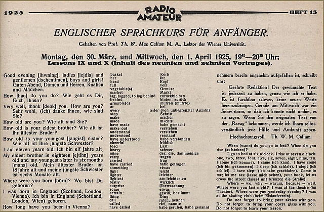 Bildausschnitt Englischer Sprachkurs für Anfänger. In: Österreichischer Radio-Amateur, Heft 13, 1925