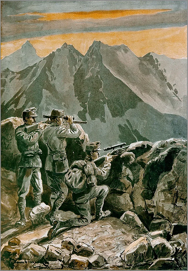 Tiroler Kaiserjäger-Scharfschützen mit Fernrohrgewehren. Zeichnung: k.u.k. Leutnant Carl v. Dombrowski