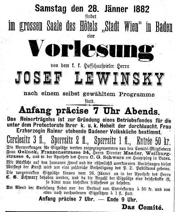 Annonce Lewinsky für Lesung in Baden, 1882