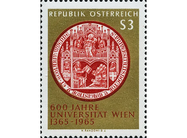 Briefmarke "600 Jahre Universität Wien, 1365-1965". Die Marke zeigt das Siegel der Universität Wien. "600 Jahre Universität Wien 1365-1965"