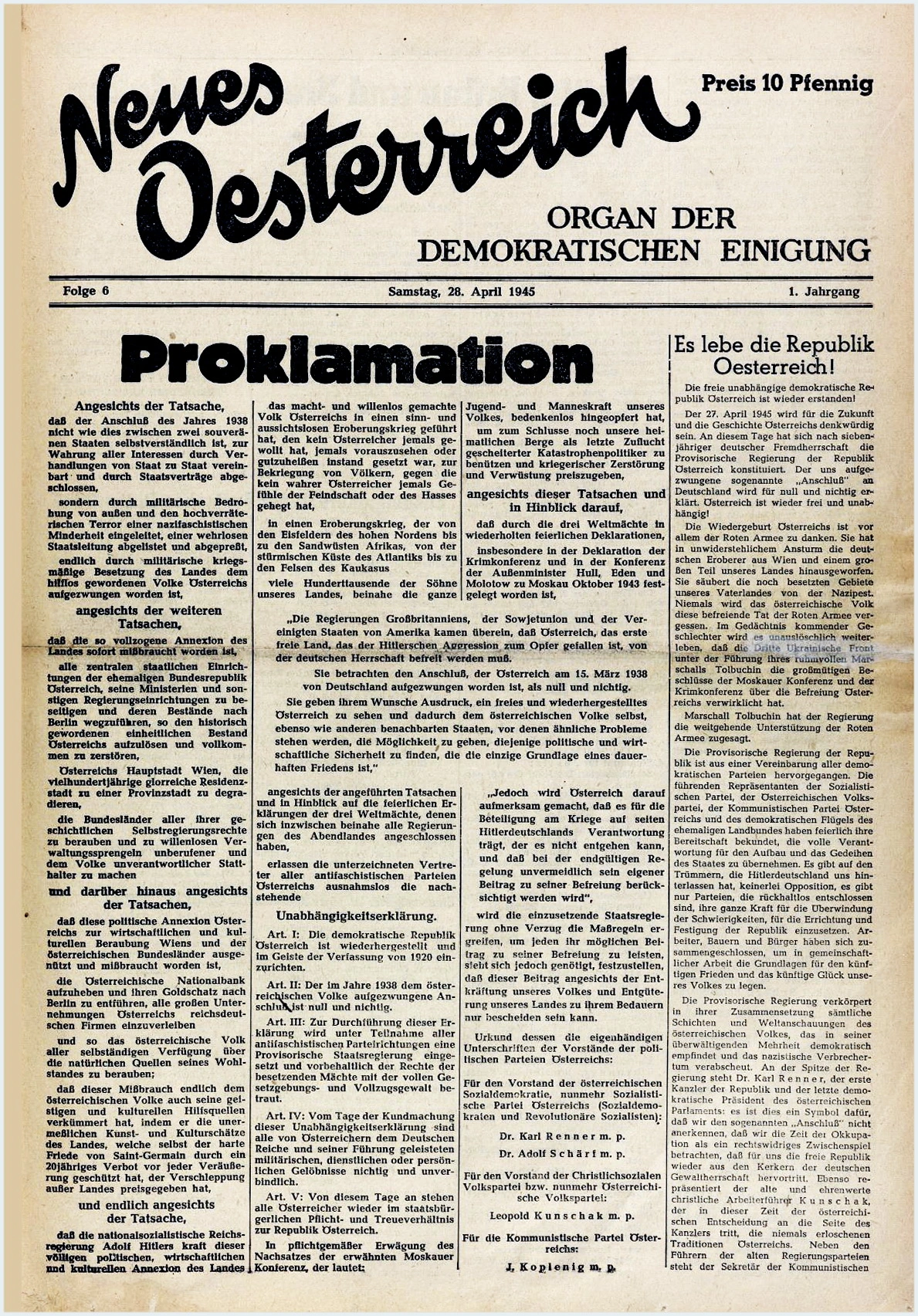Neues Österreich, 28.duben 1945