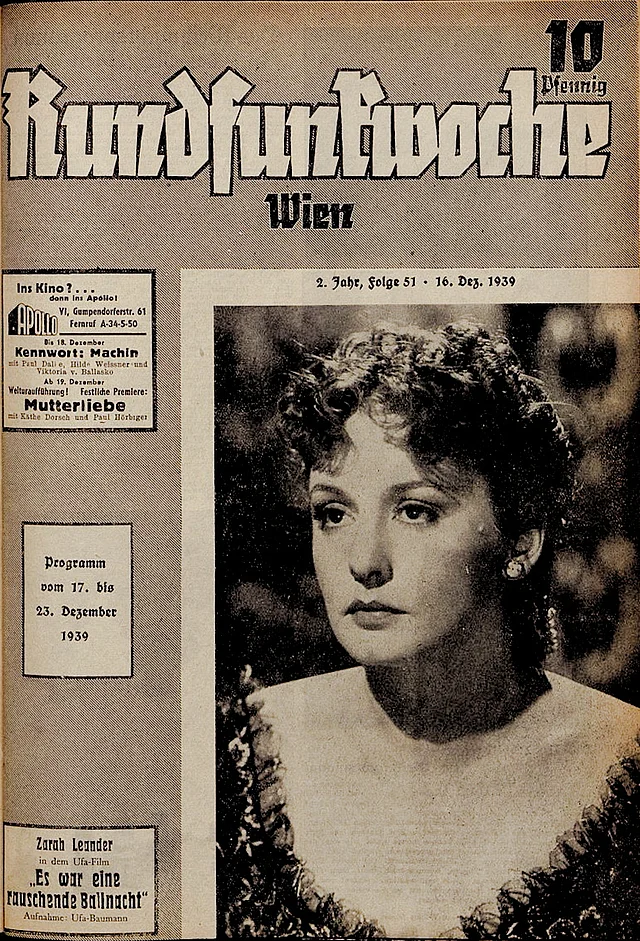 Zarah Leander, Es war eine rauschende Ballnacht, UFA-Film, 1939. Zeitschrift Rundfunkwoche, Dezember 1939