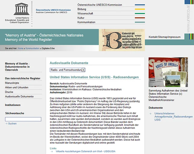 Sccreen-Shot "Memory of Austria" UNESCO Internetseite